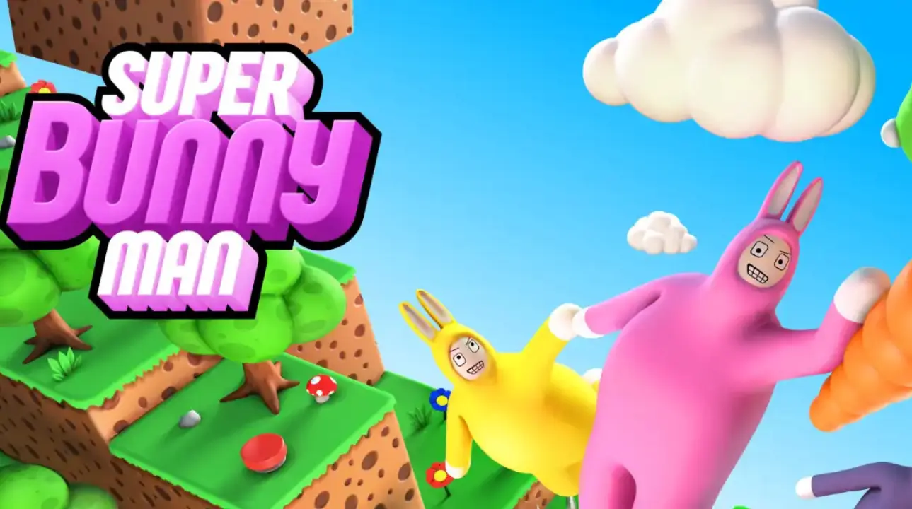 Super Bunny Man key art showing two cartoon bunnies jumping through a vibrant landscape