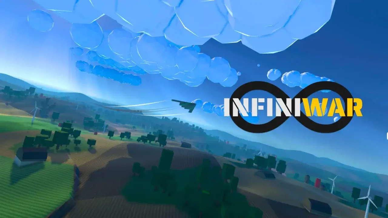 Infiniwar logo overlayed on a stylized battlefield with aircraft flying under blue skies.