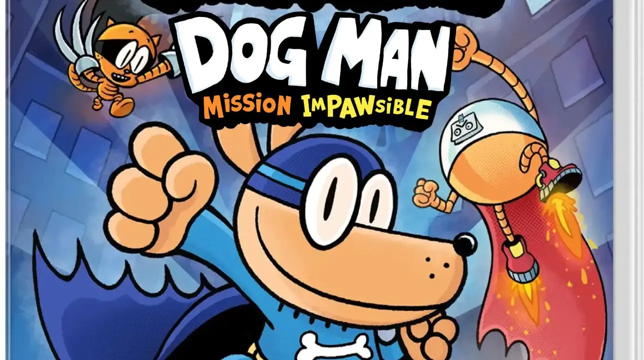 Dog Man: Mission Impawsible PS5 game cover featuring Dog Man, Li’l Petey, and 80-HD in a colorful action-packed scene