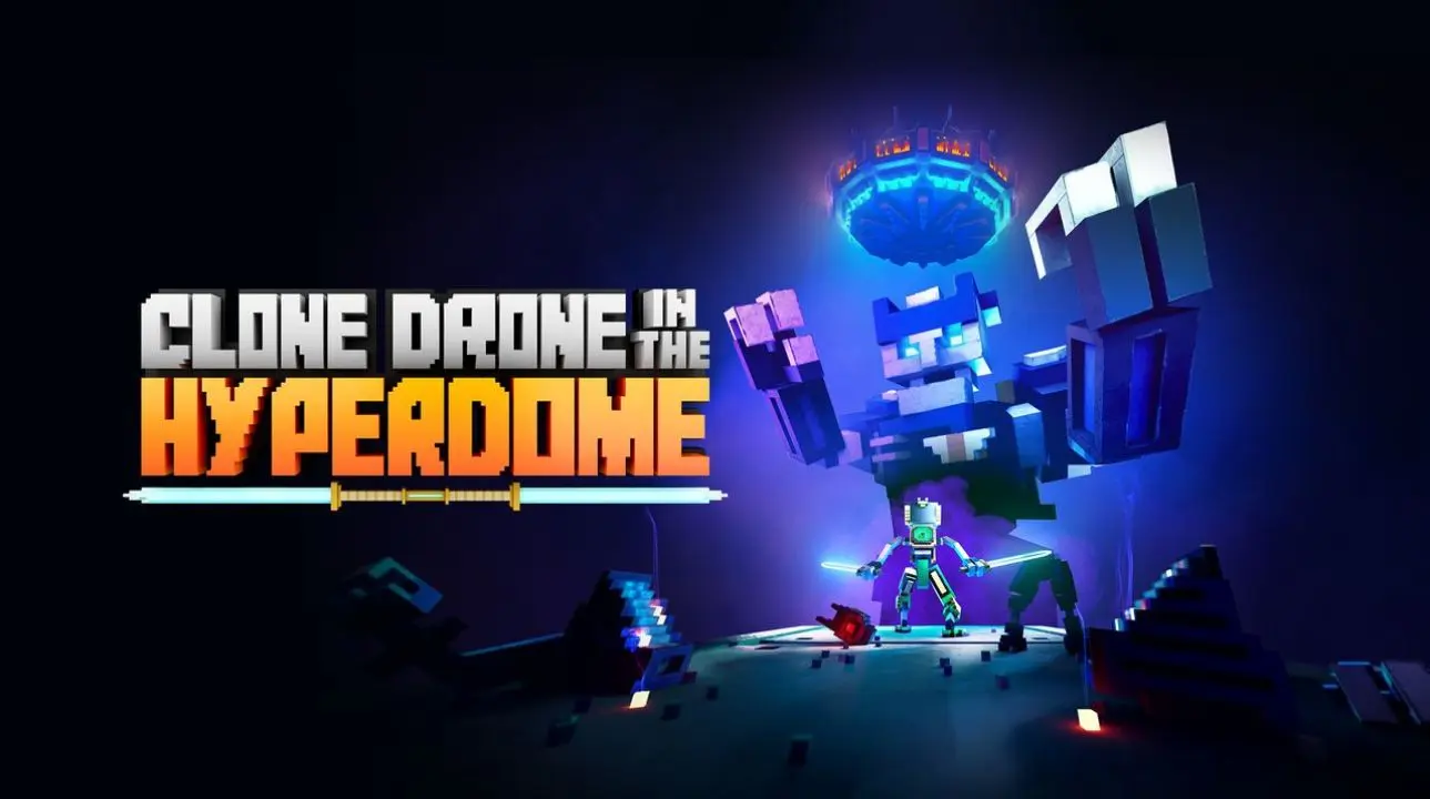 Clone Drone in the Hyperdome VR key art featuring robotic gladiators fighting under neon lights in the futuristic Crashloop arena.