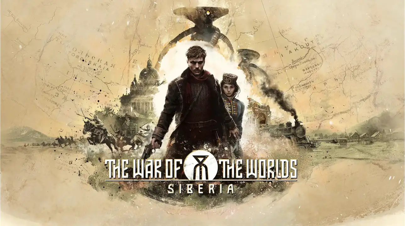 Martian invader standing over a burning Russian landscape in The War of the Worlds: Siberia