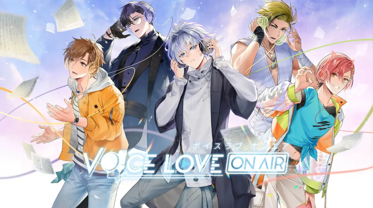 Aki and the main cast of Voice Love on Air standing in front of a recording studio background, showcasing colorful anime-style artwork from the game.