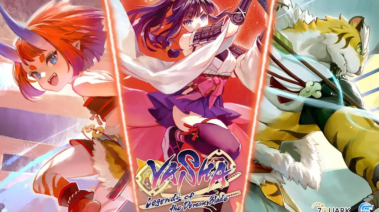 Cover art of Yasha: Legends of the Demon Blade showing the three protagonists in action poses against a stylized Edo-era backdrop