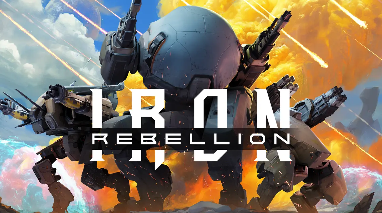 Iron Rebellion VR game key art featuring cockpit mechs in battle