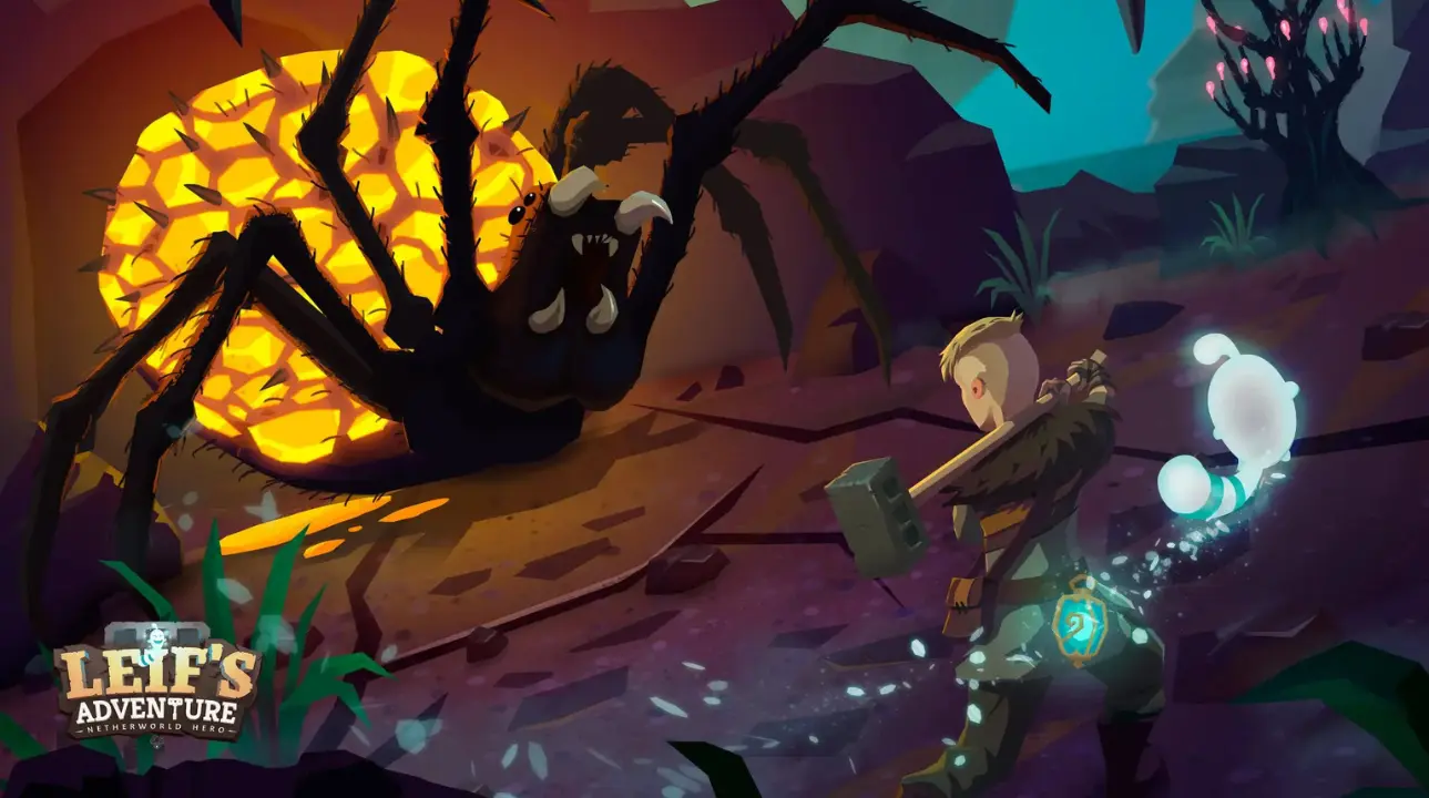 Hand-drawn fantasy scene from Leif's Adventure: Netherworld Hero featuring Leif and Ghost in combat