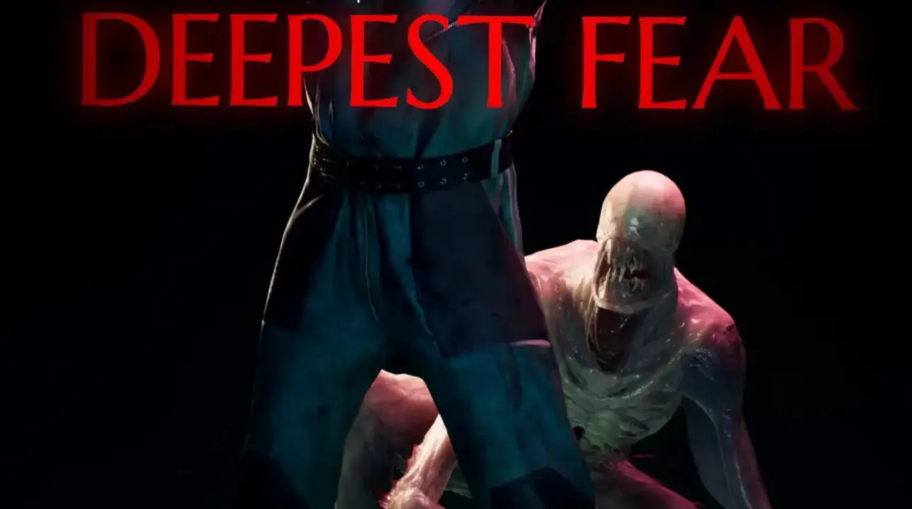 "DEEPEST FEAR – Variable State promo image with Dr. Danni Carroll aiming a gun and a terrifying deep-sea creature behind her