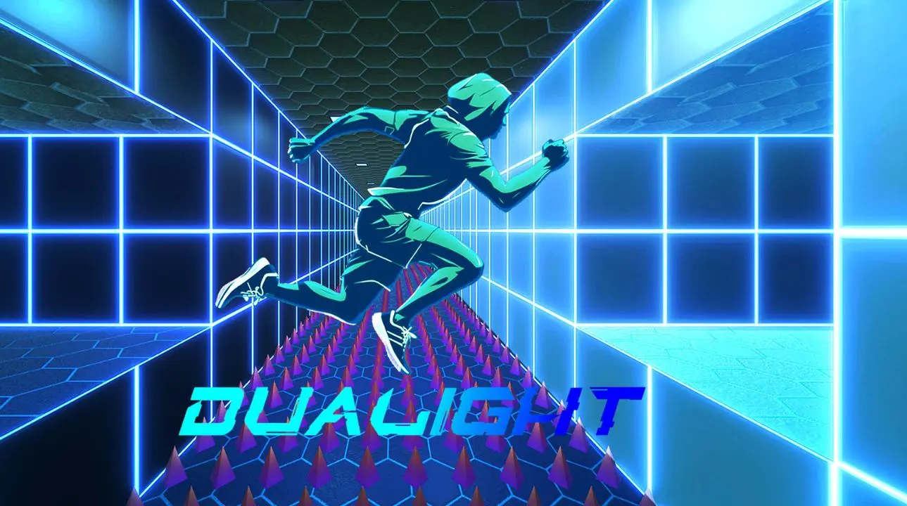 DuaLight cyberpunk platformer screenshot showing neon grid and day-night mechanics.