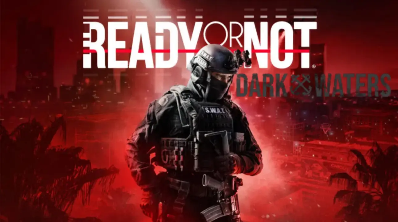 SWAT officer in tactical gear with red background and Ready or Not: Dark Waters DLC title