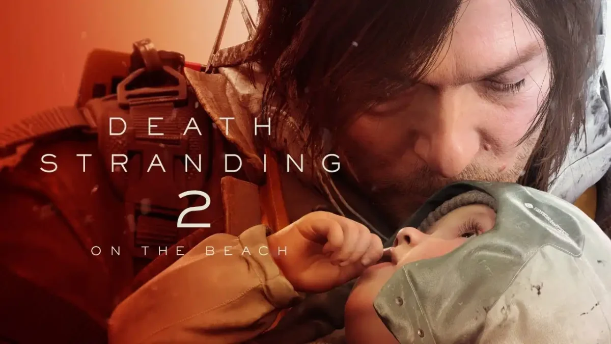 Death Stranding 2 key art with Sam Porter Bridges tenderly touching a baby’s face, over a warm orange gradient.