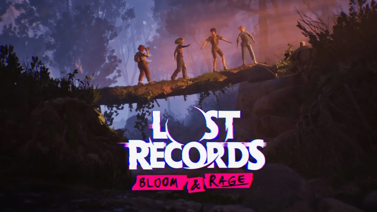 Lost Records: Bloom & Rage key art showing four friends crossing a fallen tree bridge at dusk in a forest.