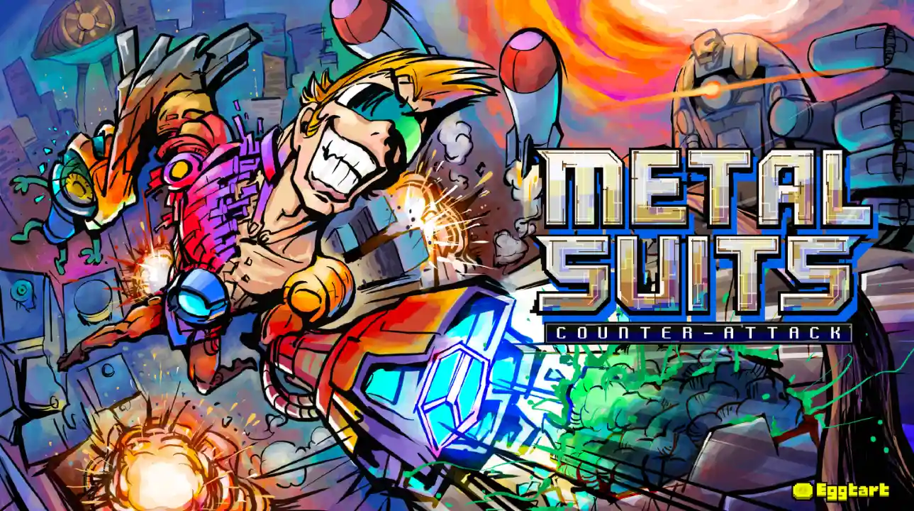 Retro hero blasts aliens in METAL SUITS: Counter-Attack art