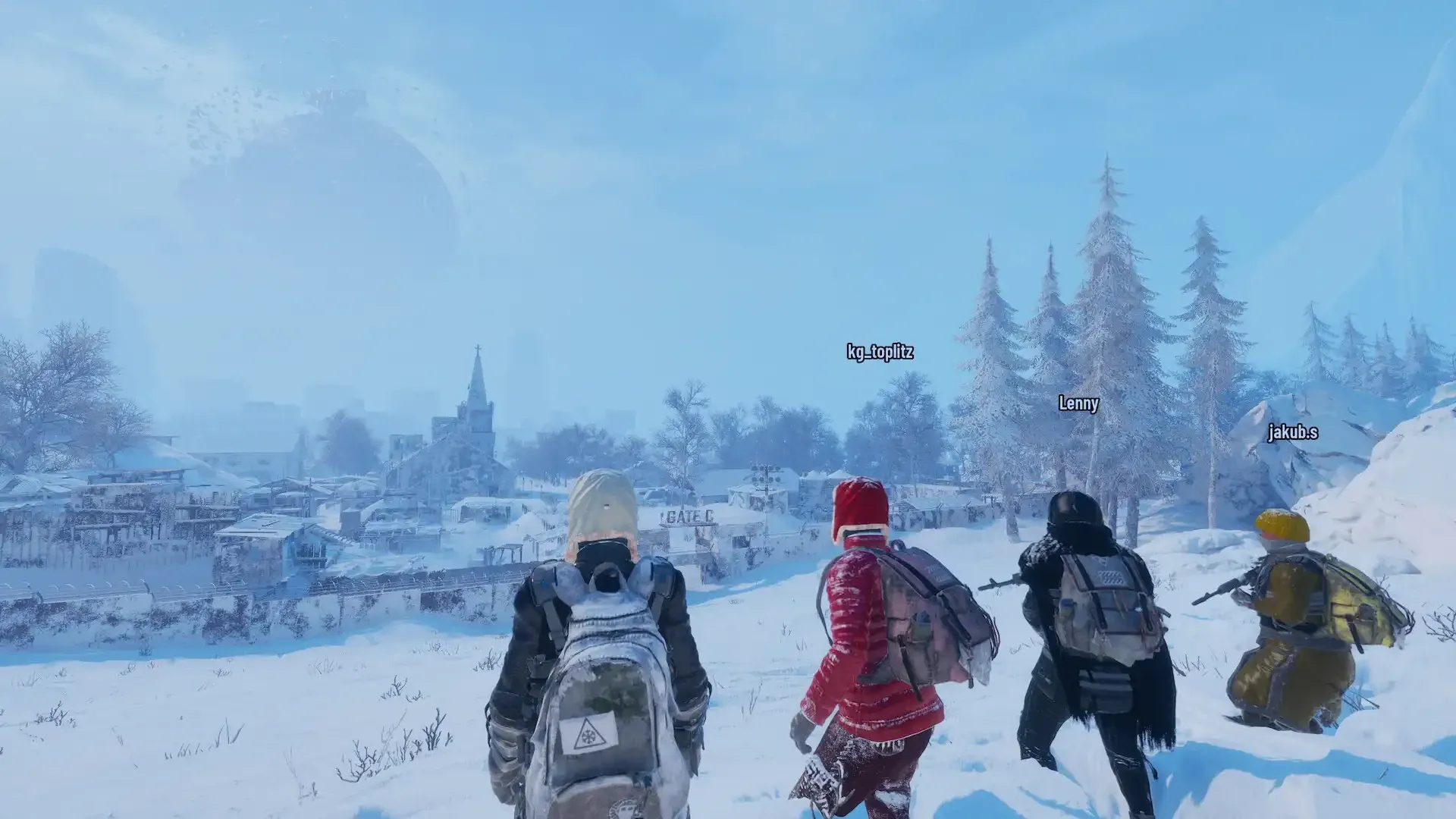 Four players exploring a snowy co-op world in Permafrost, preparing for survival together