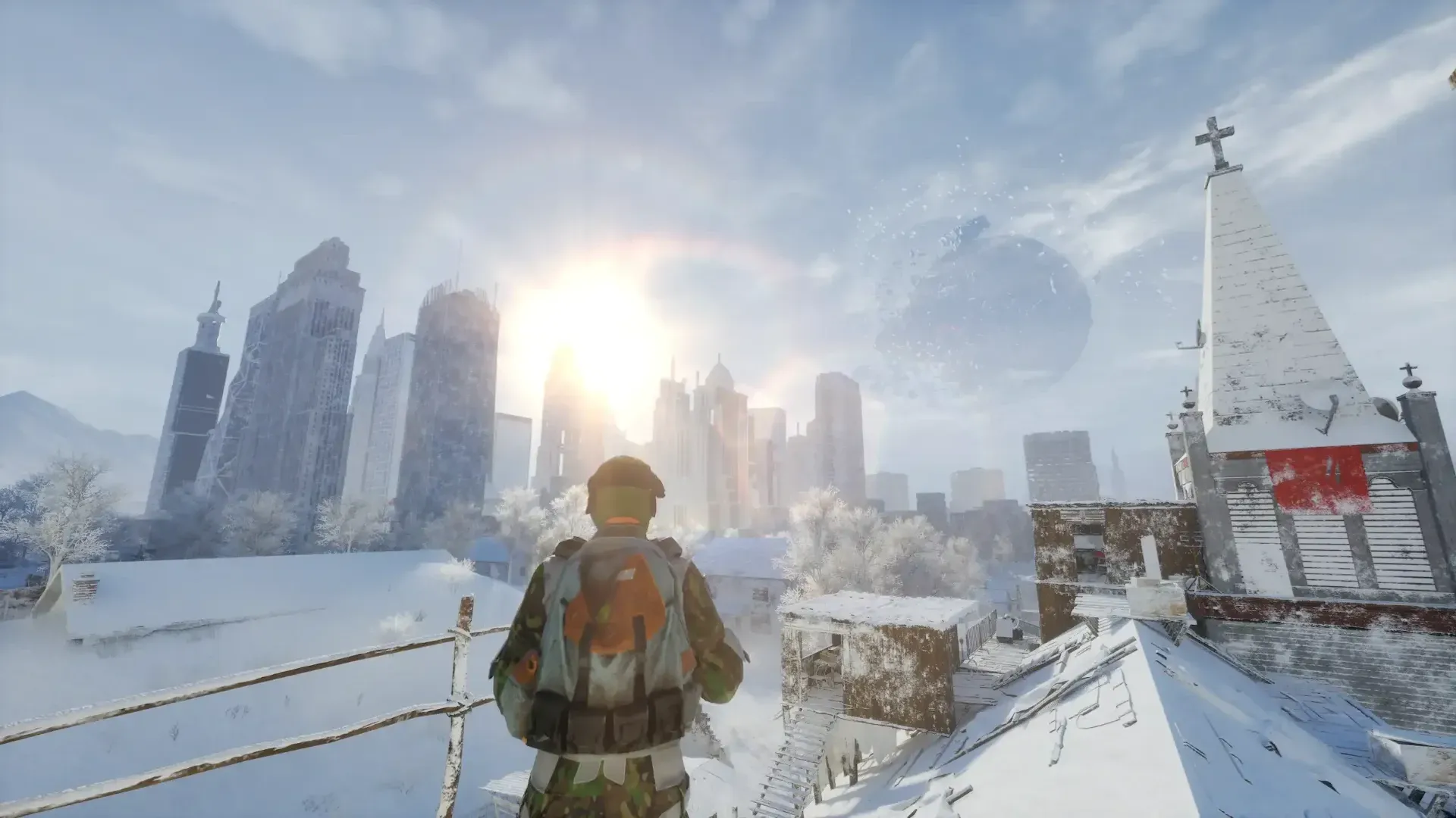 Survivor overlooking a frozen cityscape in Permafrost, with a distant shattered moon above the skyline