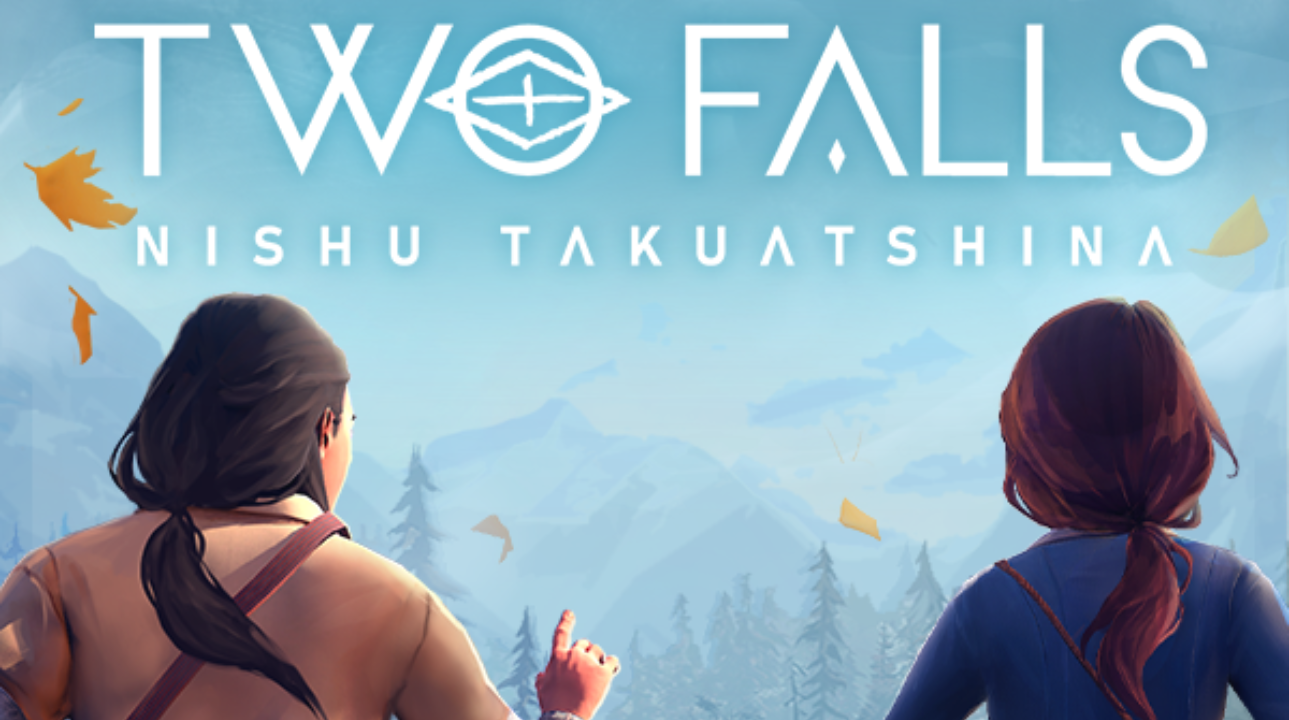 Two Falls game art – Jeanne and Maikan overlook a vast forested valley