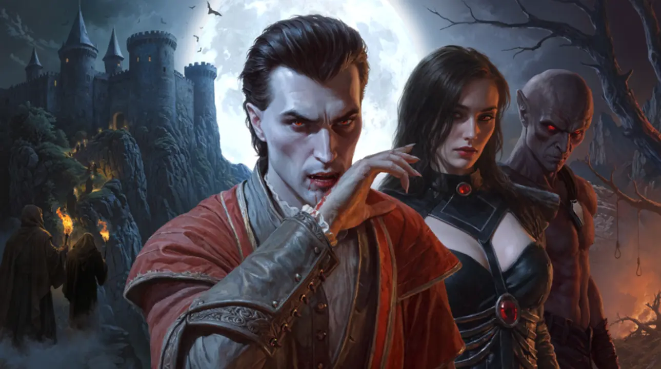 Three vampires stand before a gothic castle under a full moon in Sangavia.