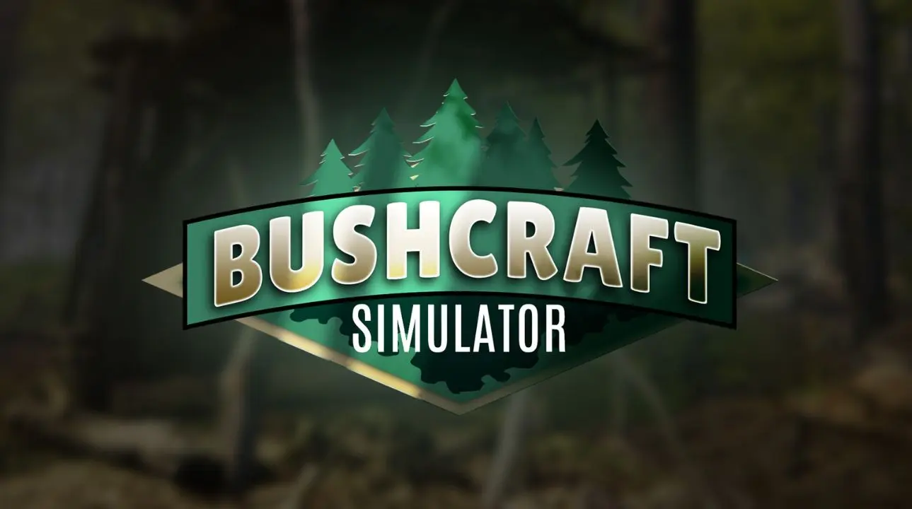 Bushcraft Simulator logo key art featuring rugged wilderness survival theme.