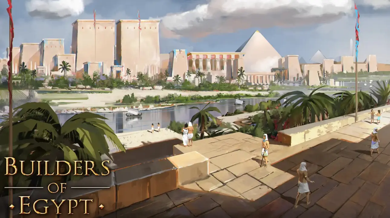 Builders of Egypt – Concept art showing grand pyramids and temples by the Nile