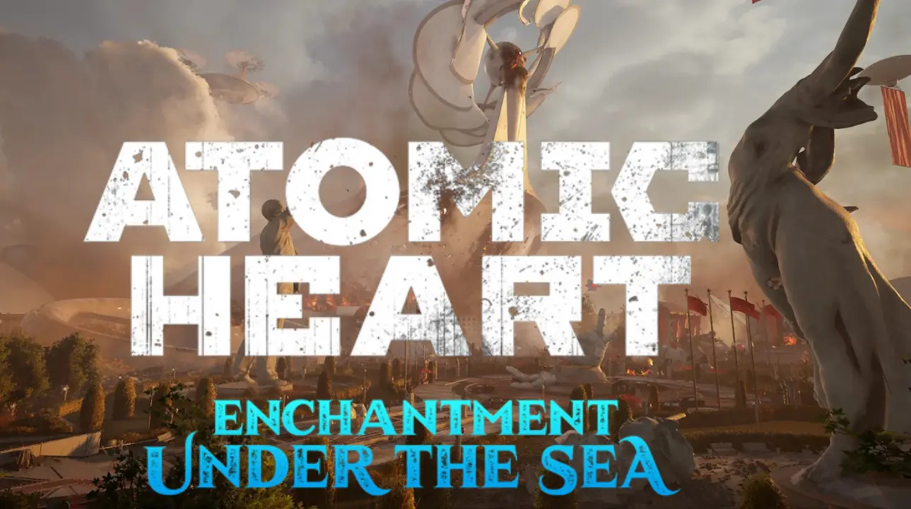 Atomic Heart DLC - Collapsing futuristic statue and burning structures at Facility