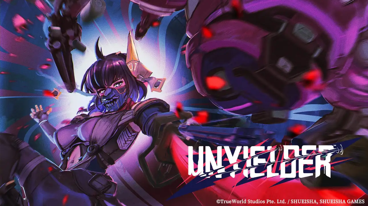 UNYIELDER game key art with neon-lit characters in action, showcasing intense roguelite combat style.
