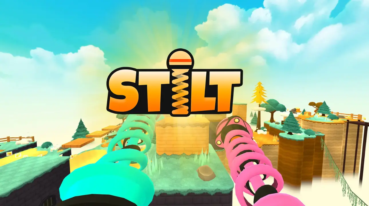 Stilt VR platformer key art showing colorful spring-legged characters bouncing through a bright environment.