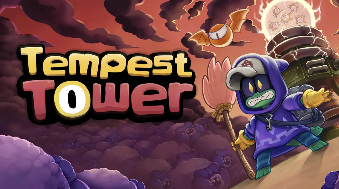 Tempest Tower title screen artwork with characters in a stormy backdrop