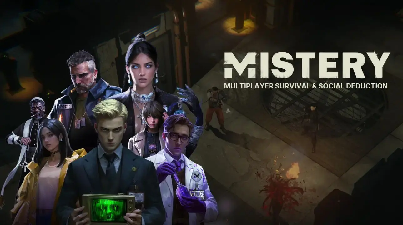 Players exploring a fog-covered base during daytime in MISTERY