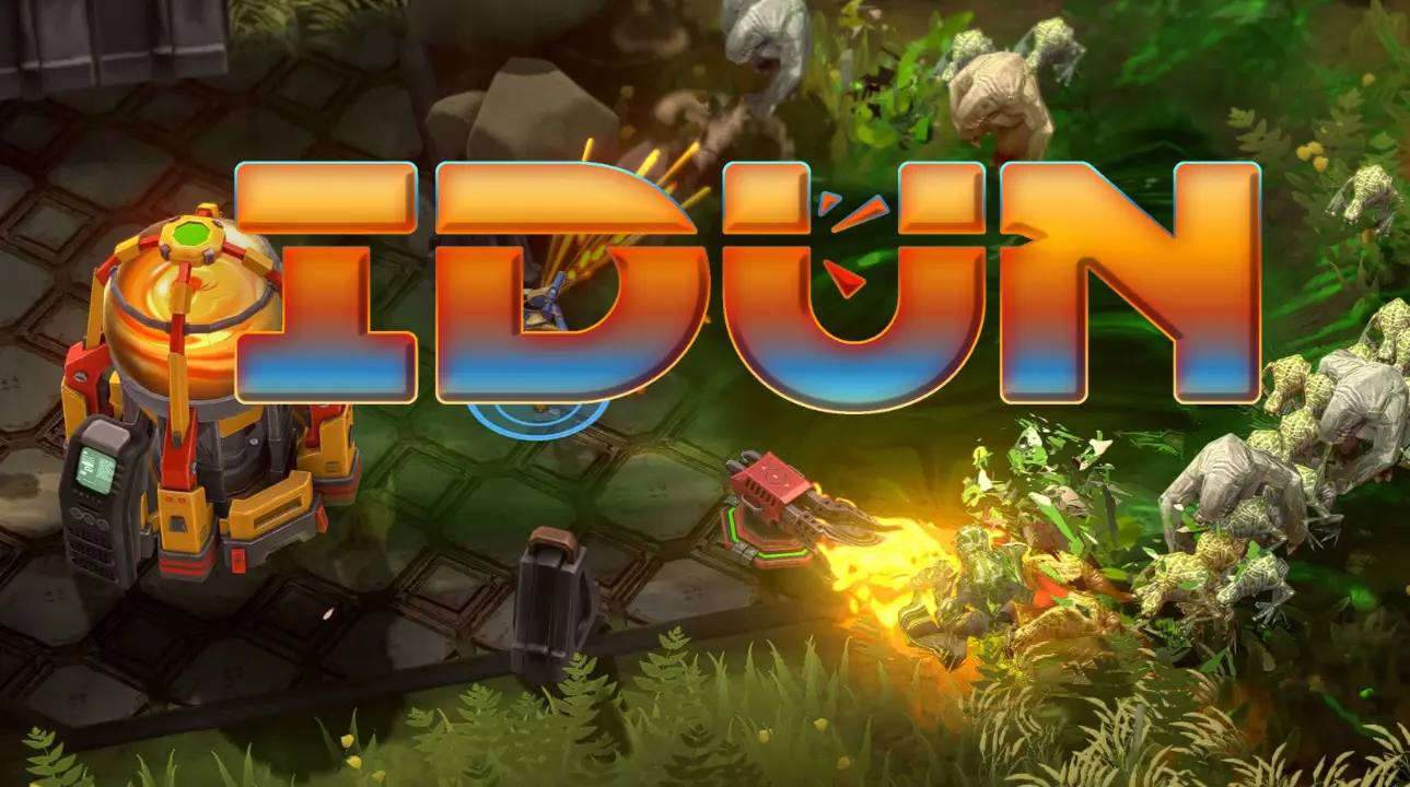 IDUN game logo with alien swarm and turret battle scene