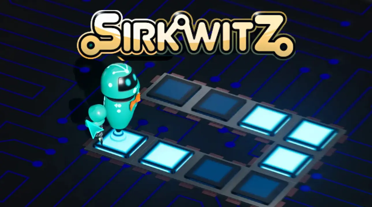 SirKwitz logo above a glowing puzzle board with a coding-themed character on the left