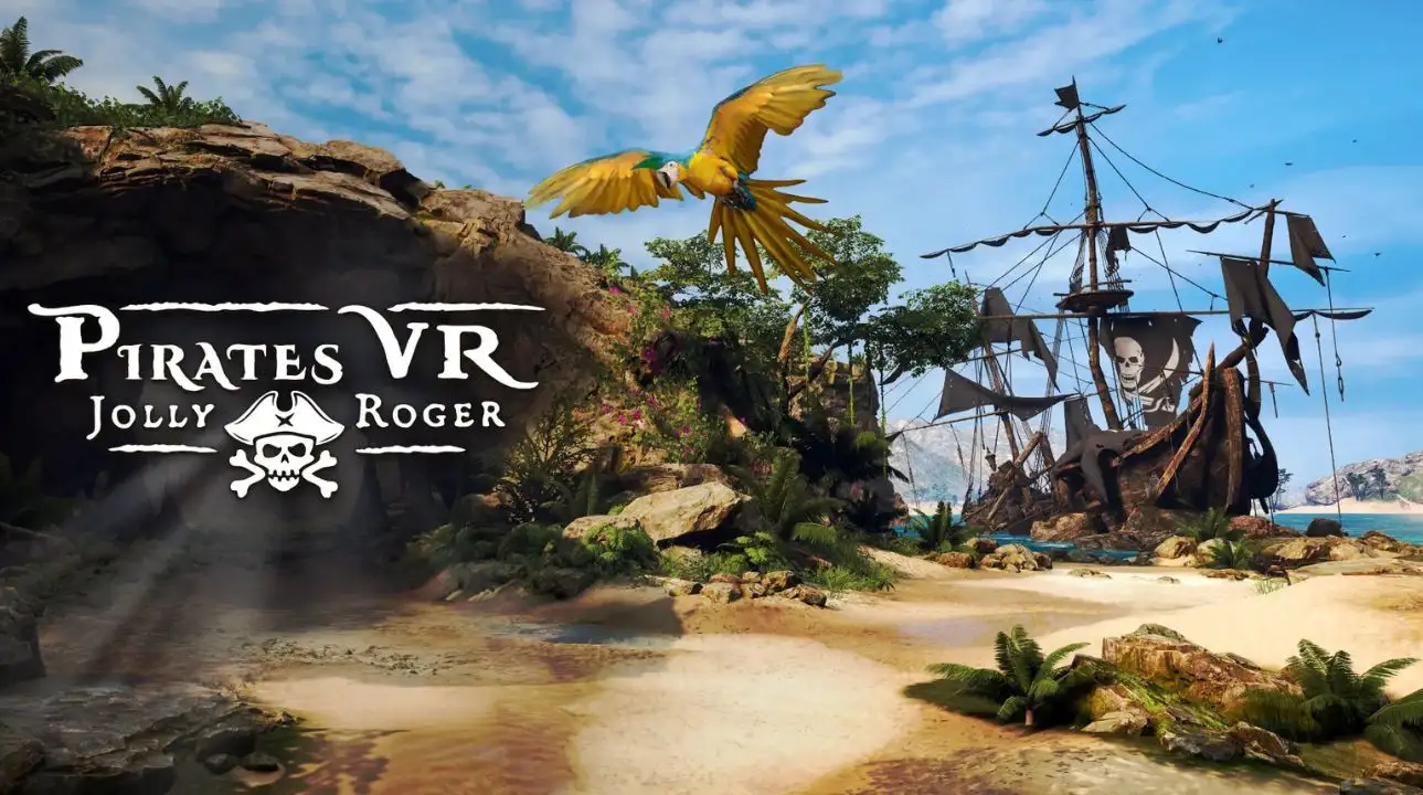 Pirates VR Jolly Roger gameplay artwork showing pirate ship and island adventure in VR.