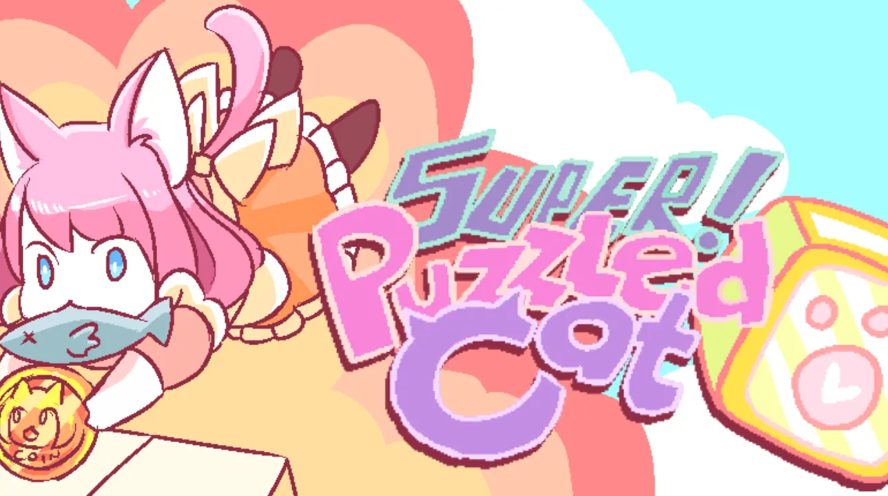 Super Puzzled Cat official cover art featuring vibrant pastel colors and the main cat character mid-leap.