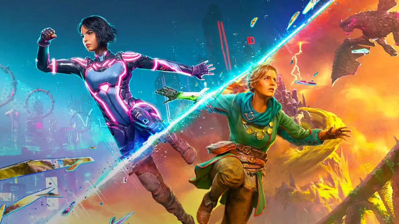 Split Fiction key art showing two protagonists divided by a diagonal fracture—one in a neon sci-fi suit, the other in fantasy garb—running through different worlds.
