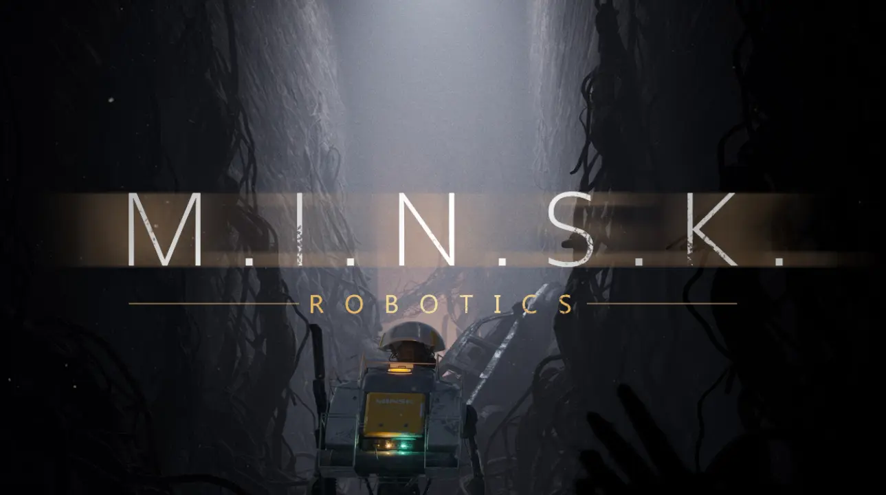 dark and atmospheric promotional image for the upcoming survival horror game 'Minsk', featuring shadowy figures in a dystopian environment with the title ‘M.I.N.S.K’ illuminated above.