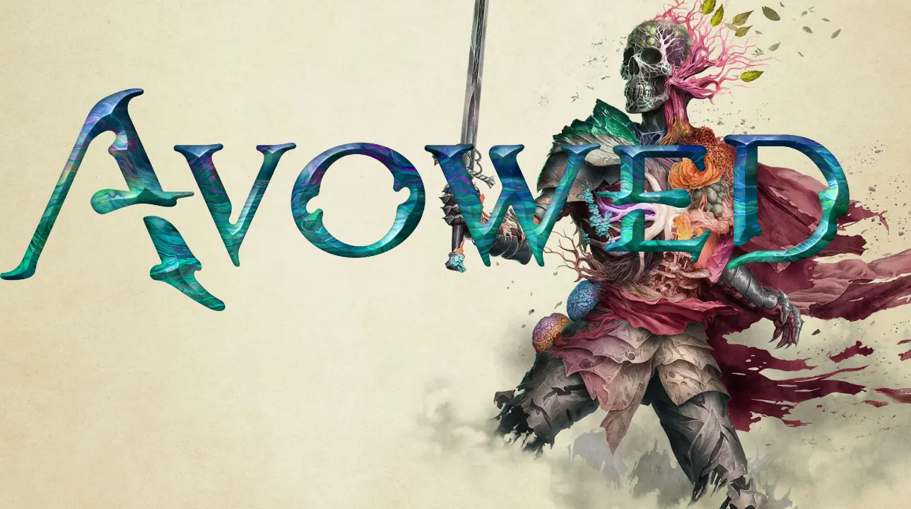 Avowed game art with title and fantasy warrior holding sword