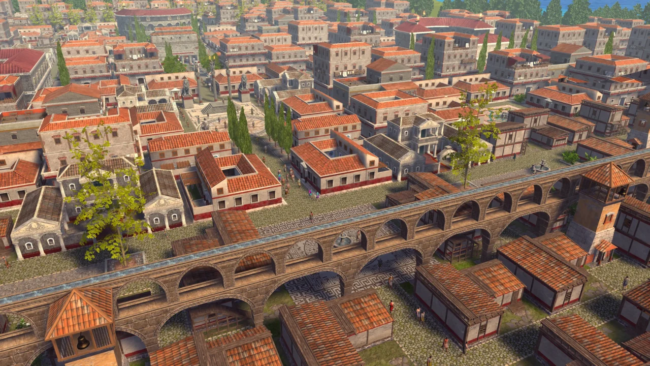 Overhead view of a Roman city with a stone aqueduct carrying water above cobbled streets; terracotta-roofed homes, courtyards, cypress trees—screenshot from Pompeii: The Legacy.