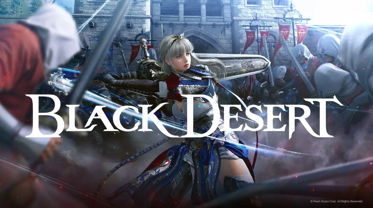 Black Desert key art showing a warrior in armor with the Black Desert logo over a fantasy city backdrop.