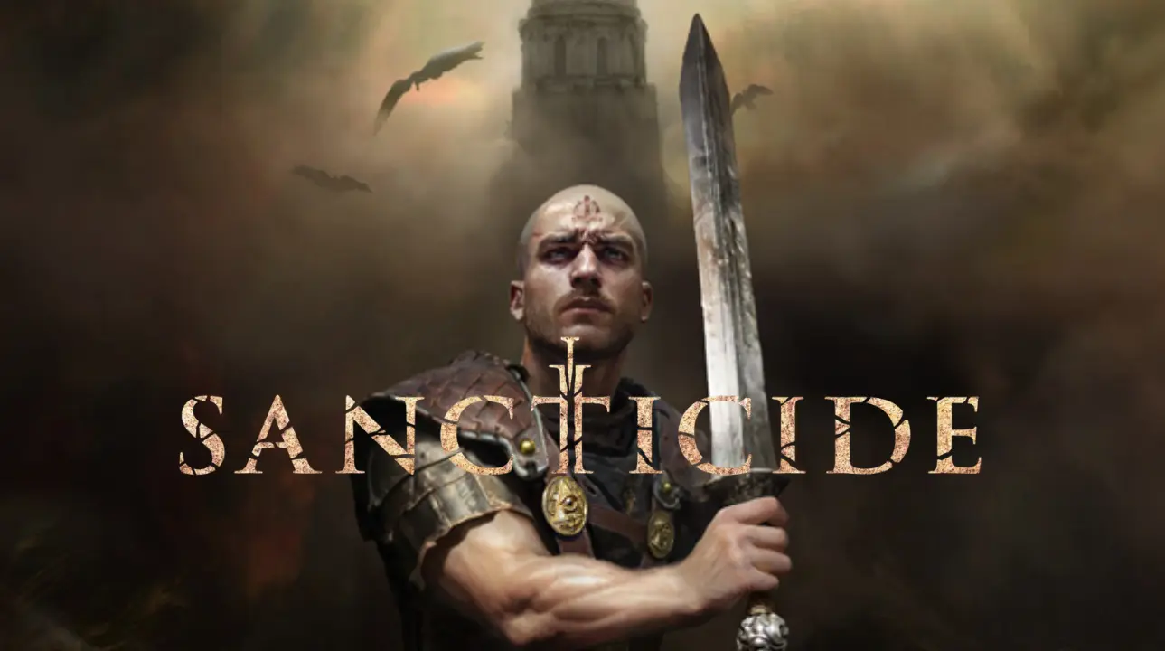 Main character from Sancticide with sword and tower behind