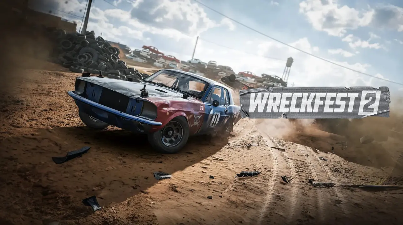 Wreckfest 2 demolition car flying through debris during a race