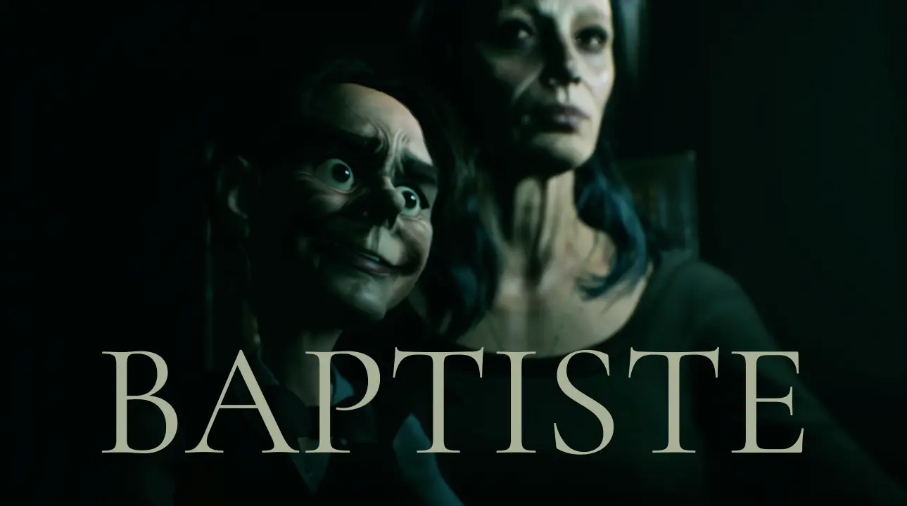 Baptiste horror game logo with eerie doll face