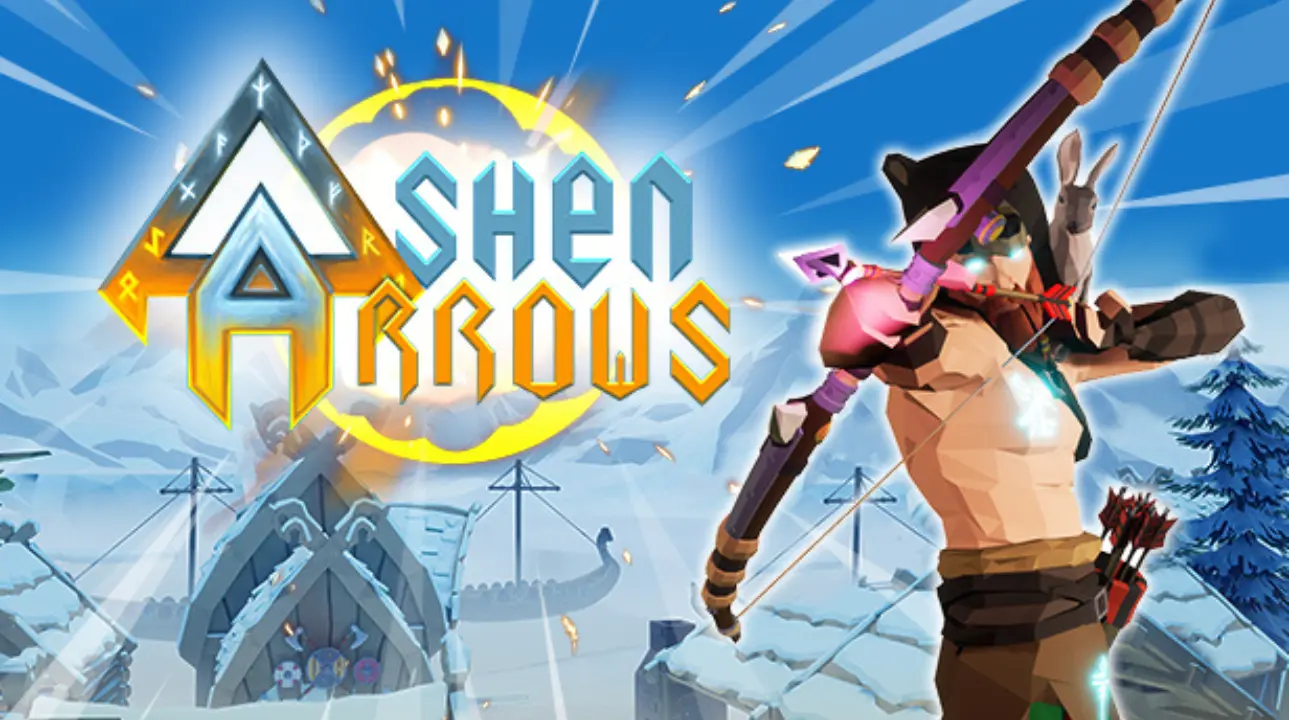 Ashen Arrows VR game cover featuring a Viking archer and icy Norse background