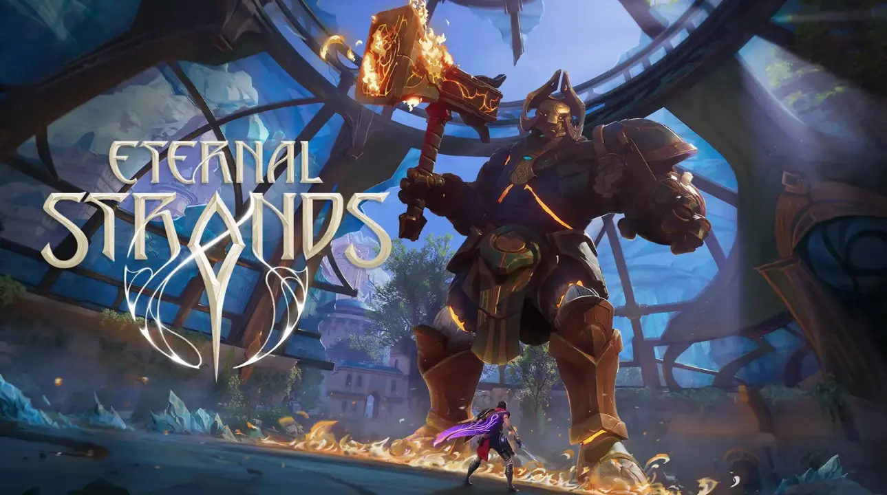 Brynn faces off against a towering flaming-armored giant in Eternal Strands, wielding her magical power inside a ruined cathedral dome.