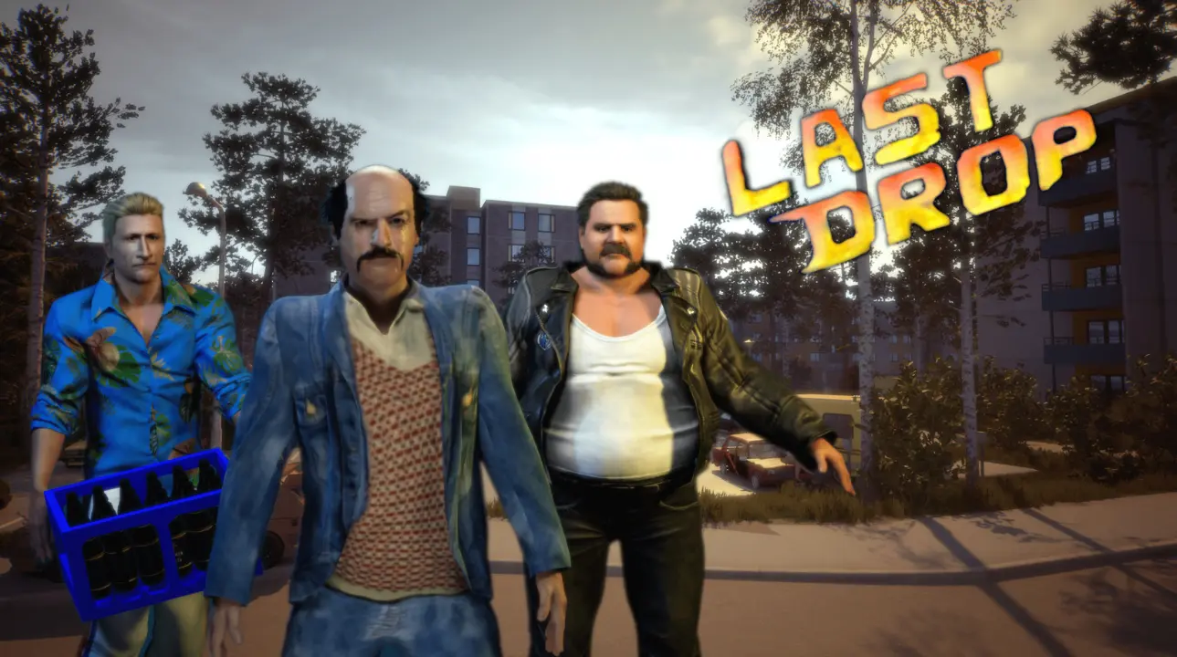 Characters from the game Last Drop standing in front of a gritty 1990s Finnish backdrop