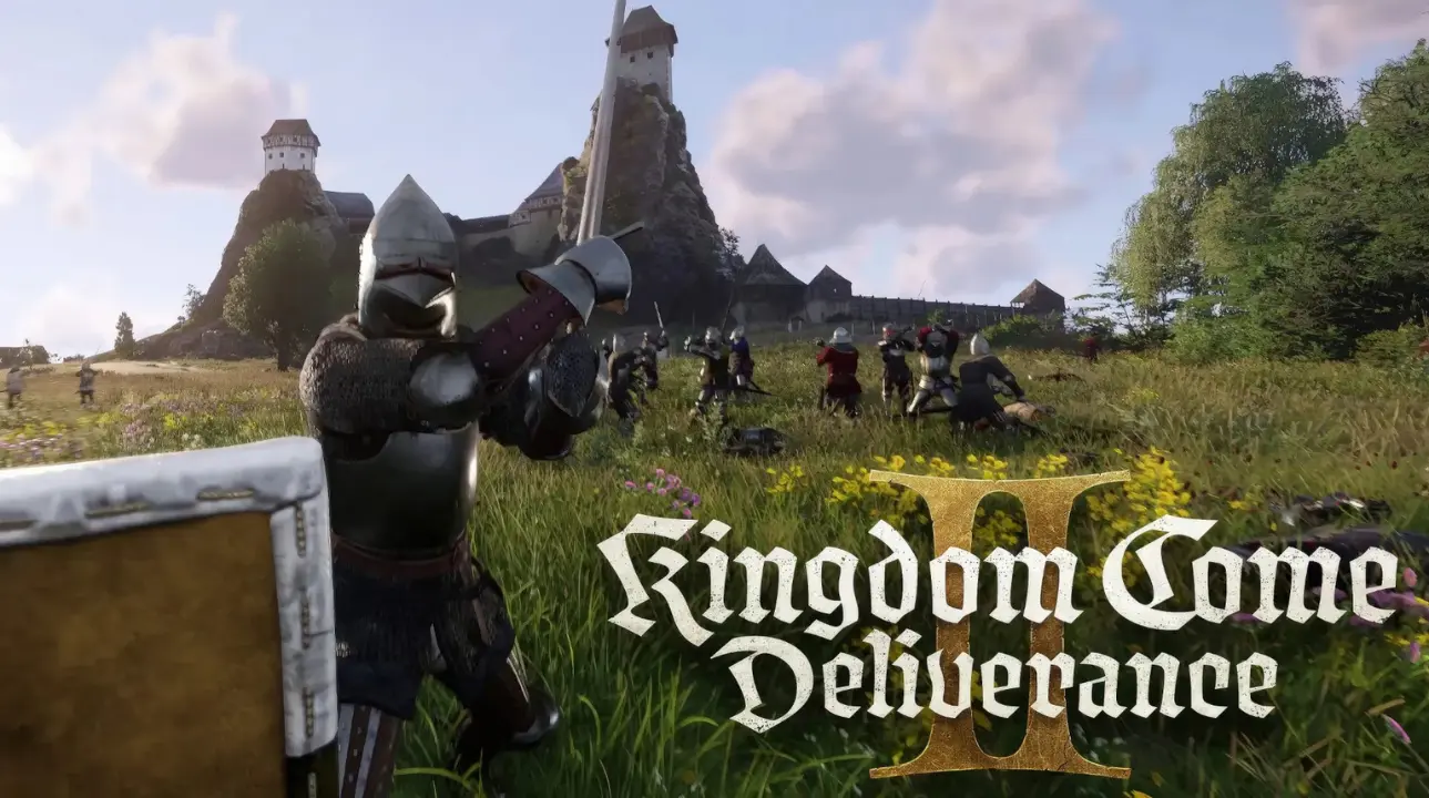 Armored knight preparing for battle in a grassy field with a medieval castle in the background from Kingdom Come: Deliverance II