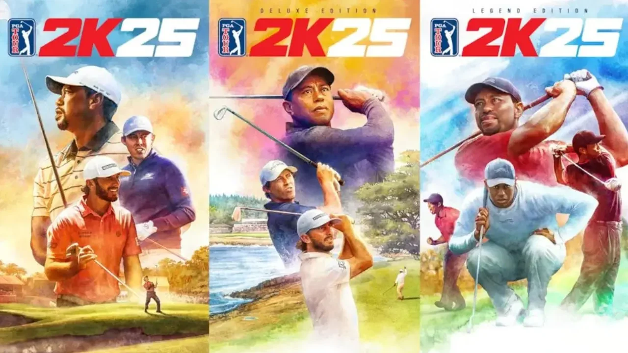 Covers of PGA TOUR 2K25 featuring professional golfers and dynamic action poses