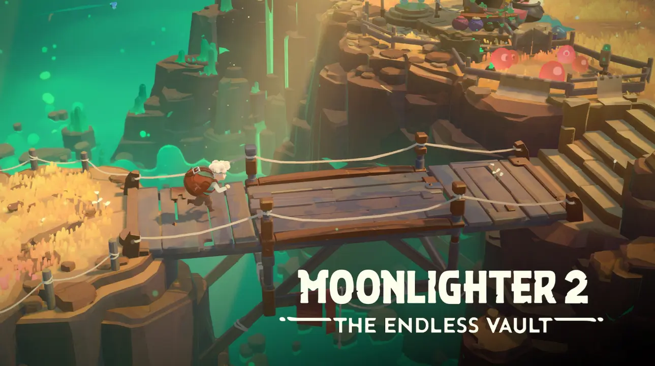 Cover art of Moonlighter 2: The Endless Vault showing shopkeeper and dungeon themes.