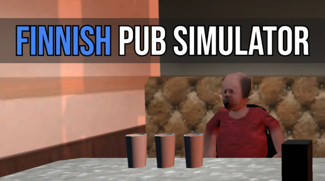 Finnish Pub Simulator update screenshot showing drinks on the bar and a customer in a 1990s-themed pub environment