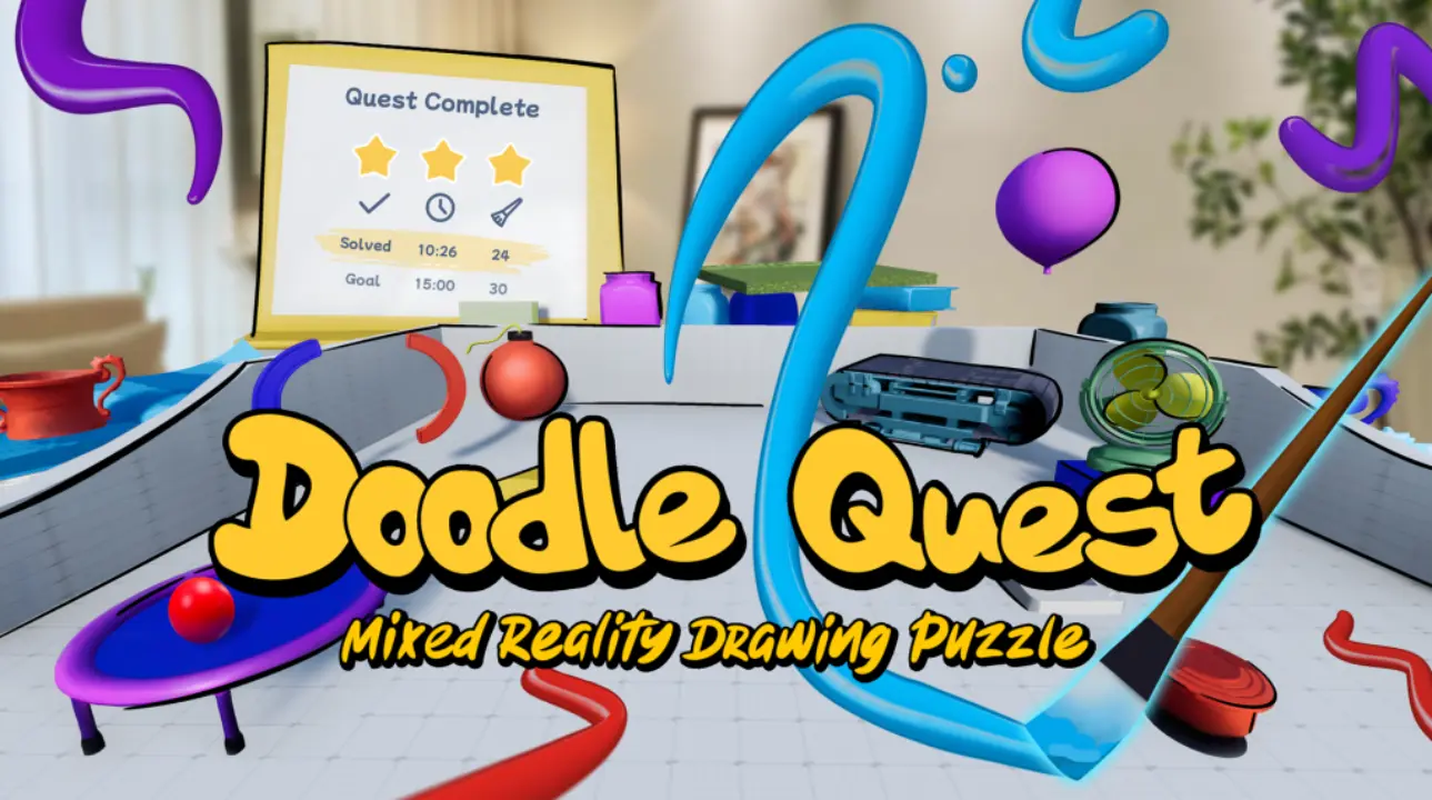 Doodle Quest game title screen showing colorful 3D puzzle elements and magic brush