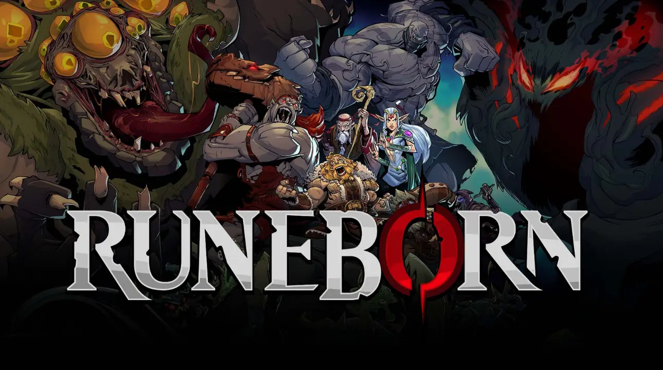 "Runeborn game logo with dark fantasy characters in the background from the official demo by iDream Interactive"