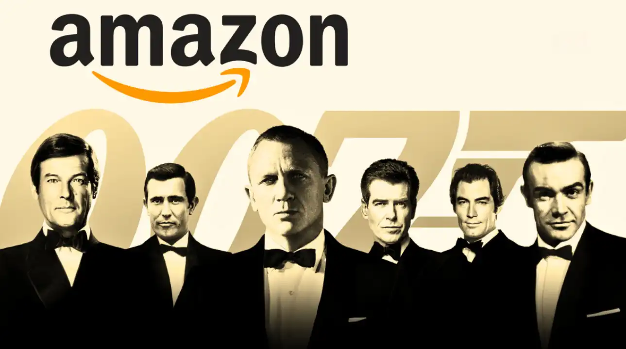 Amazon logo above six actors who have portrayed James Bond, with a gold "007" logo in the background, symbolizing Amazon's acquisition of the iconic franchise.