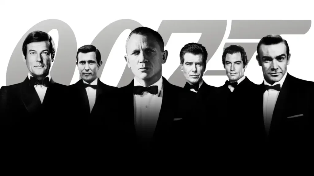 Amazon logo above the six James Bond actors with golden 007 text in background, symbolizing Amazon's ownership of the Bond franchise.