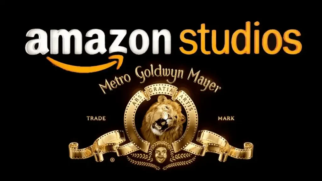 Amazon Studios logo displayed above the iconic Metro-Goldwyn-Mayer (MGM) roaring lion emblem, symbolizing Amazon’s acquisition of the legendary Hollywood studio.